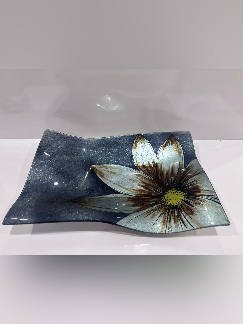 Handmade fused art glass floral serving platter 12”slumped glass centerpiece